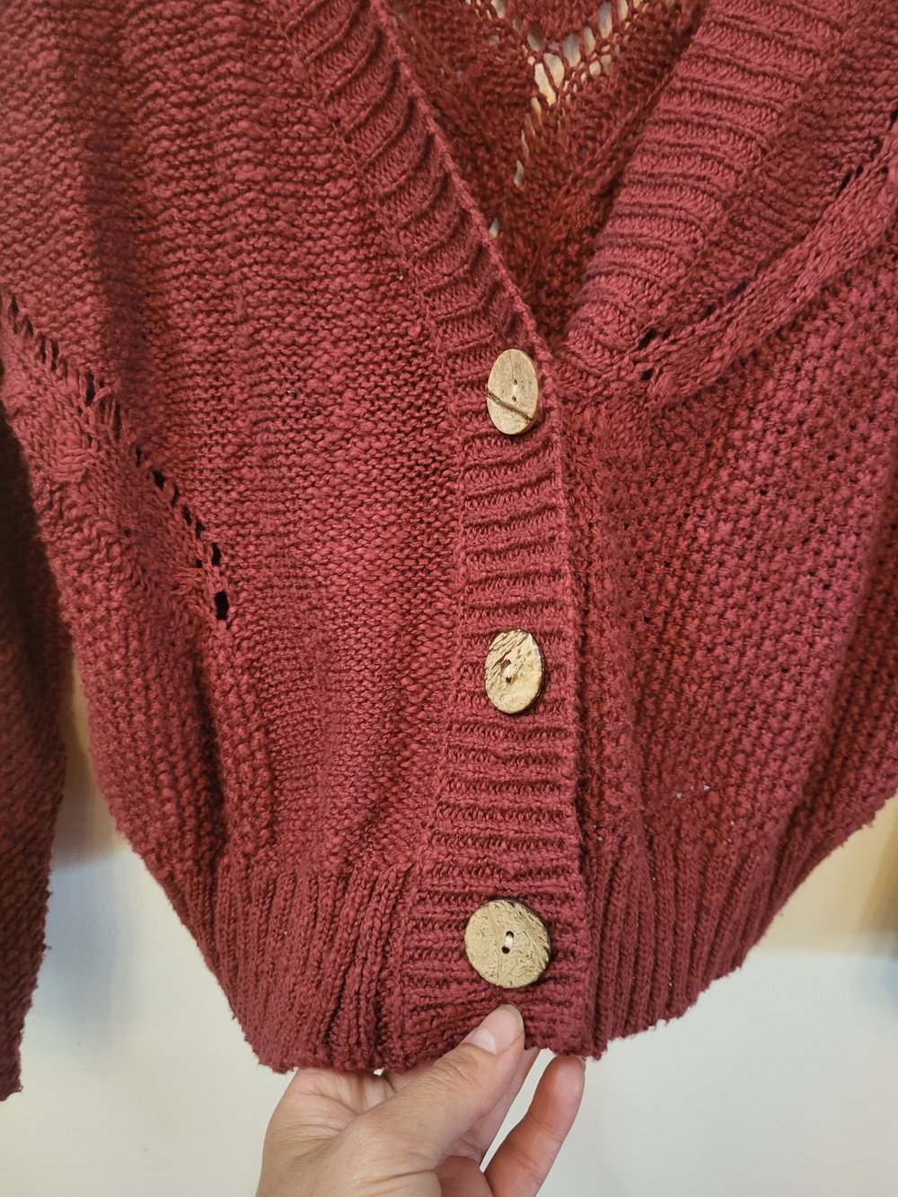 Natural Life Brand. Cotton Cable Open Knit V-Neck Cardigan- Rustic Red Color - Picture 5 of 6